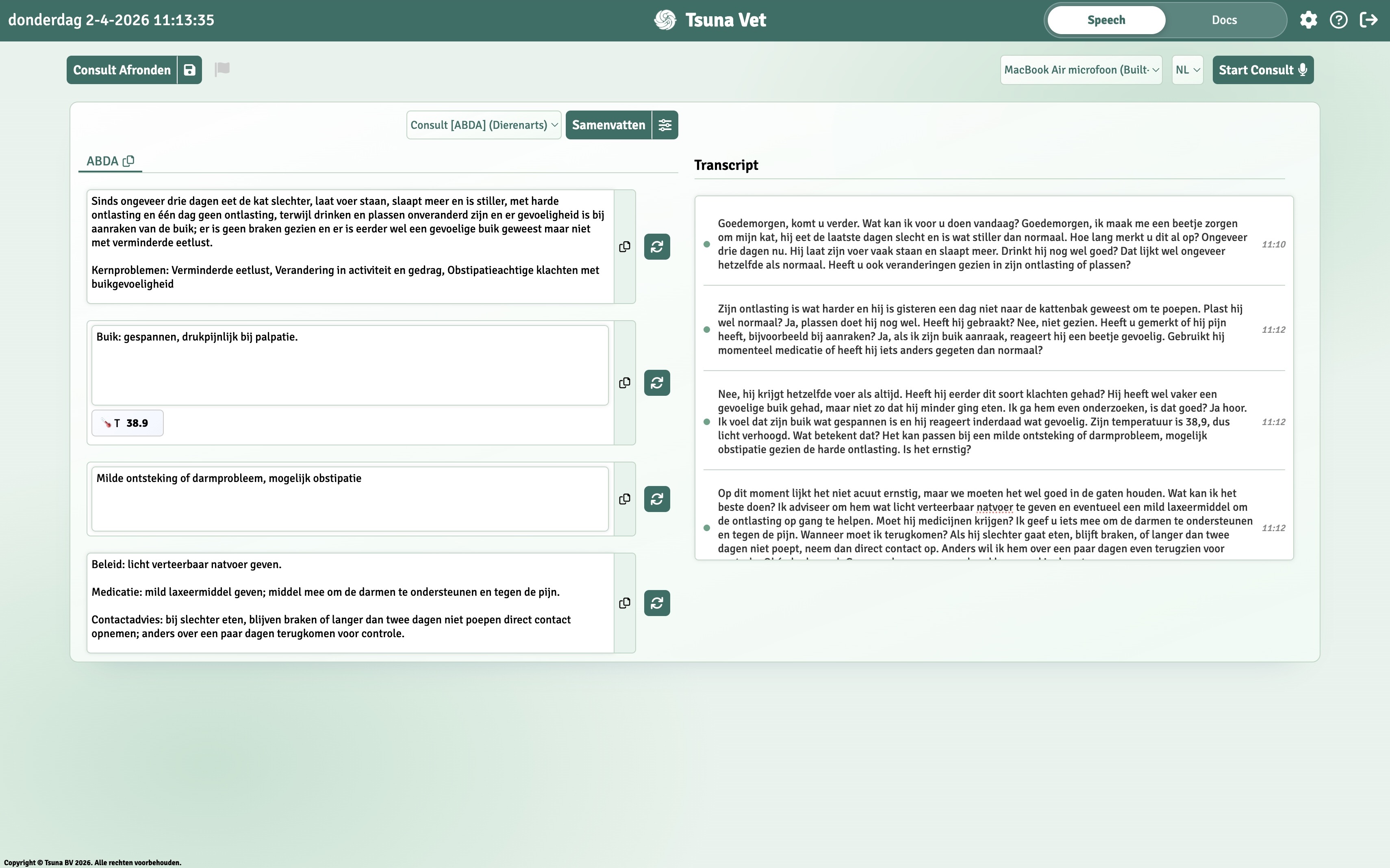 Tsuna Vet dashboard scherm